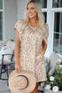 Khaki Abstract Print V Neck Short Sleeve Shift T Shirt Dress